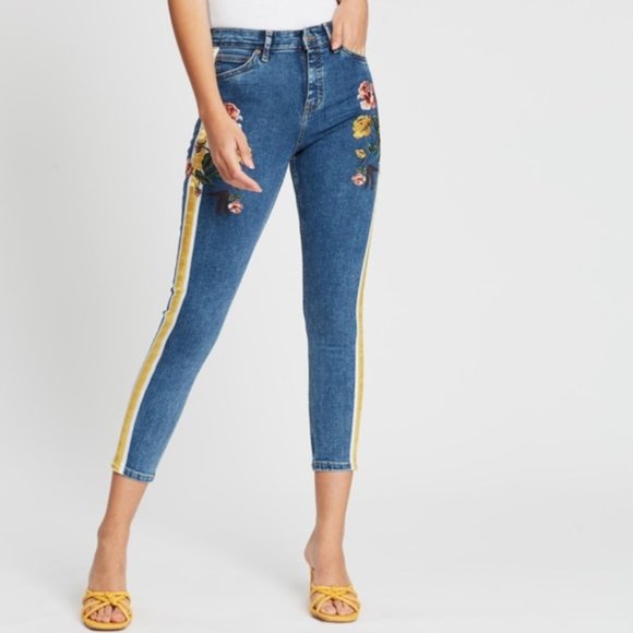 Topshop Floral Embroidered Cropped Jamie Jeans Hi Waisted Jeggings size 8 - Picture 1 of 15